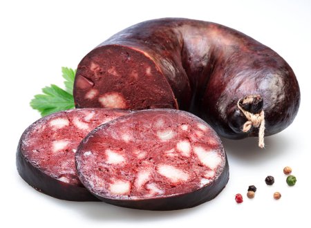 Blood sausage with suet pieces and parsley leaf isolated on white background.