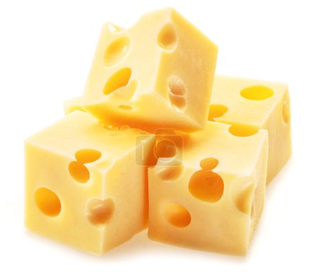 Foto de Cubos de queso emmental o Maasdam aislados sobre fondo blanco. - Imagen libre de derechos