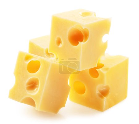 Photo for Emmental or Maasdam cheese cubes closeup on white background. File contains clipping path. - Royalty Free Image