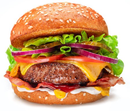 Foto de Sabrosa hamburguesa con queso aislada sobre fondo blanco. - Imagen libre de derechos