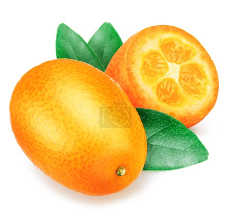 Fruta kumquat madura y rebanada kumquat con hojas aisladas sobre fondo blanco.