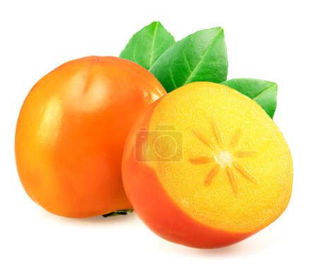 Ripe persimmon fruits or kaki fruits with leaves isolated on white background.