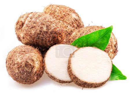Photo for Raw organic eddoe or taro corms with cross cuts isolated on white background. - Royalty Free Image