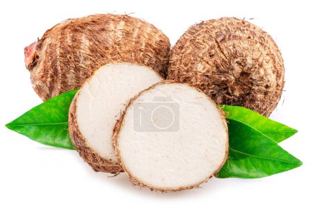 Raw organic eddoe or taro corms and cross slices isolated on white background.