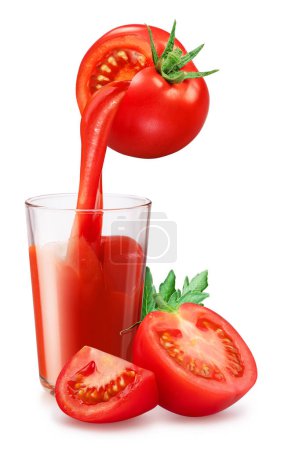 Glass of tomato juice and pouring juice from ripe red tomato isolated on white background. Conceptual picture.