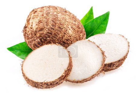 Raw organic eddoe or taro corms with cross cuts isolated on white background.