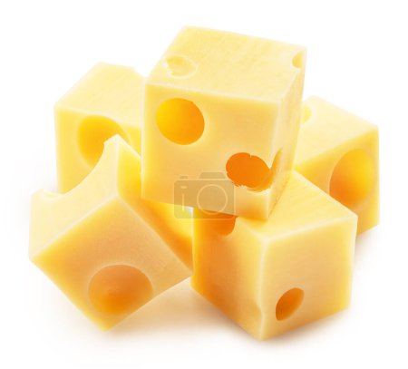 Photo for Emmental or Maasdam cheese cubes isolated on white background. - Royalty Free Image
