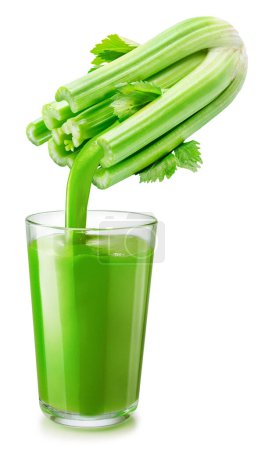 Glass of celery juice and pouring juice from fresh celery stalk isolated on white background. Conceptual picture.