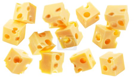 Foto de Colección de cubos de queso Emmental o Maasdam volando en el aire sobre fondo blanco. Ruta de recorte. - Imagen libre de derechos