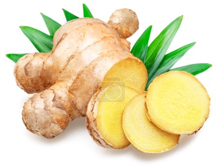 Photo for Fresh ginger root and ginger slices with leaves isolated on white background. - Royalty Free Image