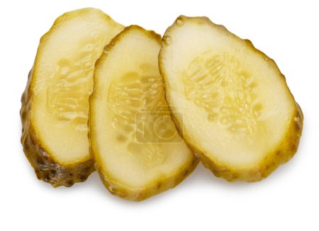 Three slices of pickles on white background. File contains clipping path.