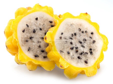 Yellow pitahaya or yellow dragon fruit cross cuts with white flesh and black seeds on white background.