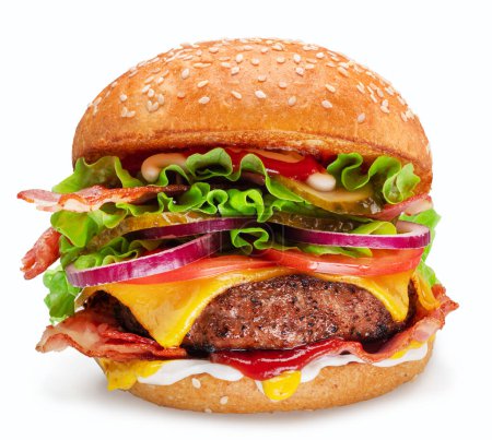 Foto de Sabrosa hamburguesa con queso aislada sobre fondo blanco. El archivo contiene ruta de recorte. - Imagen libre de derechos