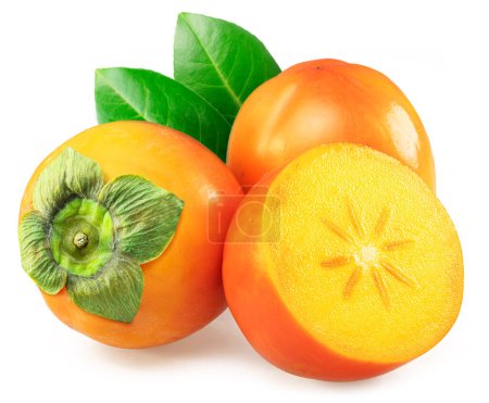 Ripe persimmon fruits or kaki fruits with leaves isolated on white background.