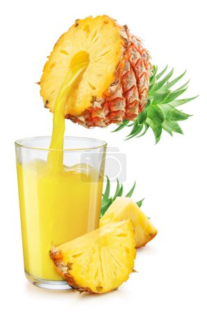 Glass of pineapple juice and pouring juice from ripe fruit isolated on white background. Conceptual picture.