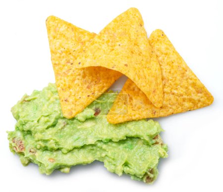 Photo for Guacamole sauce and tortilla chips, popular Mexican food  top view on white background. - Royalty Free Image