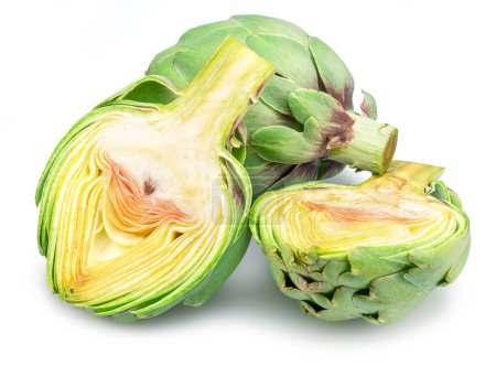 Photo for Green french artichoke and artichoke slices isolated on white background. - Royalty Free Image