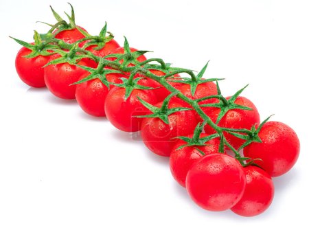 Foto de Tomates rojos cereza cubiertos con gotas de agua. Rama de tomate aislada sobre fondo blanco. Macro tiro. - Imagen libre de derechos