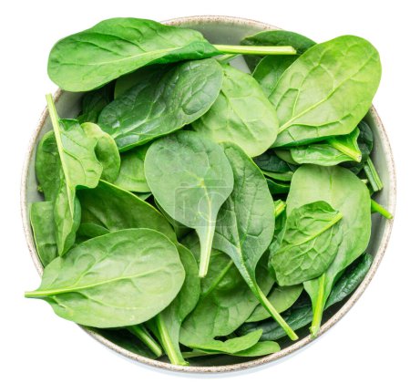 Spinach leaves in the bowl isolated on white background. File contains clipping path.