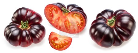 Photo for Ripe black or purple tomatoes and tomatoes slices isolated on white background. - Royalty Free Image