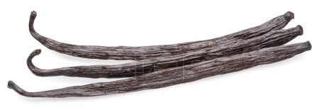 Dry vanilla fruit beans or vanilla sticks on white background. File contains clipping path.
