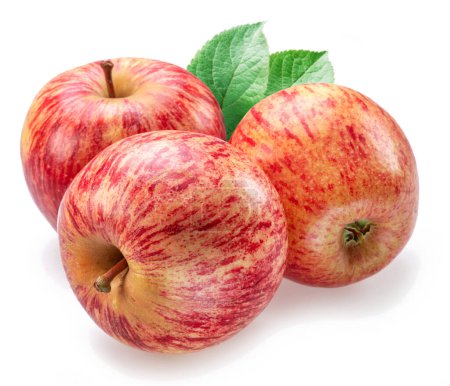 Reife honigknackige Äpfel und Apfelblätter isoliert auf weißem Hintergrund.
