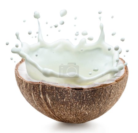 Téléchargez les photos : Pulvérisation d'éclaboussures de lait de coco à partir d'un demi-fruit de coco. Le fichier contient le chemin de coupe. - en image libre de droit