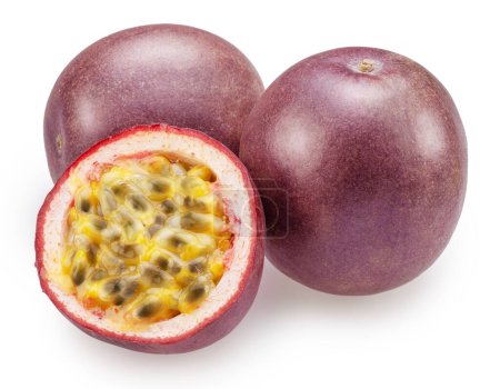 Foto de Passion fruits or maracuya and half of fruit with seeds isolated on white background. - Imagen libre de derechos