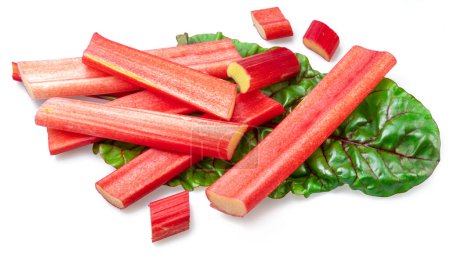 Photo for Rhubarb stems' cuts over rhubarb leaf isolated on white background. - Royalty Free Image