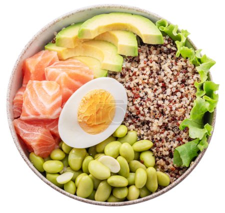 Foto de Salmon quinoa bowl with greens and vegetable. Balance in bowl. File contains clipping path. - Imagen libre de derechos