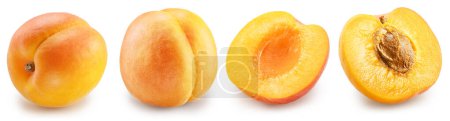 Set aus reifen Aprikosen und Aprikosenhälften auf weißem Hintergrund. Datei enthält Schnittpfad.