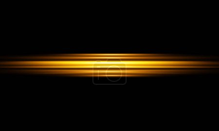 Téléchargez les photos : Rayons de lumière horizontaux, paquet de fusées éclairantes horizontales jaune éclair, faisceaux laser, ligne jaune vif sur fond noir, belle fusée éclairante, reflets dorés brillants, illustration - en image libre de droit