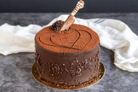 Photo for Chocolate birthday cake on dark background. close up - Royalty Free Image