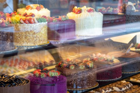 Photo for Types of cakes. Cakes displayed on the counter. Bakery products - Royalty Free Image