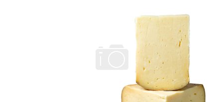 Photo for Wheel cheese. Cheese made from cow's milk on isolated white backgorund. Turkish Gruyere Cheese. Close up. Copy space - Royalty Free Image