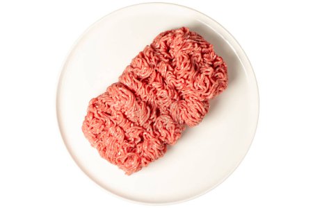 Ground beef. Butcher products. Fresh minced meat isolated on white background.  Top view