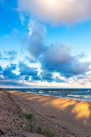 Ein schöner Strand an der Ostsee. Dünen, Chiaroscuro, Bäume, Gräser und goldener Sand. Kieselsteine am Strand verstreut an der Ostsee.