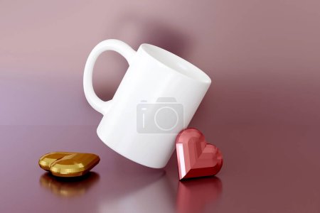 3d render scene white mug mockup with reflection on pink glossy background. Sublimation design presentation with hearts for Mother Day or Valentines.