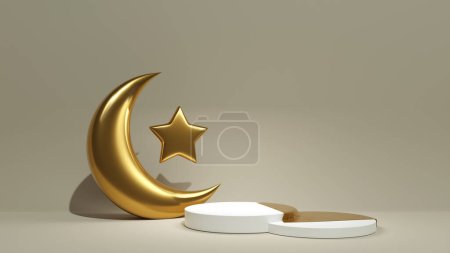 Photo for Golden crescent with star near two white podiums on beige background. 3d render scene with turkish layout and reveal cloth stand. Muslim sale template. - Royalty Free Image