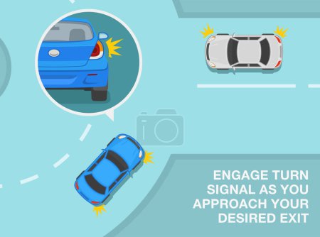 Illustration for Safe driving tips and traffic regulation rules. Priority inside the roundabout. Engage turn signal as you approach your desired exit. Top view. Flat vector illustration template. - Royalty Free Image
