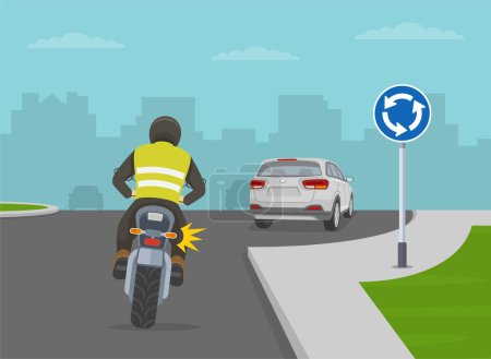 Illustration for Safe motorcycle riding on the city road. Priority inside the roundabout. Biker turned on blinker while approaching roundabout. Flat vector illustration template. - Royalty Free Image