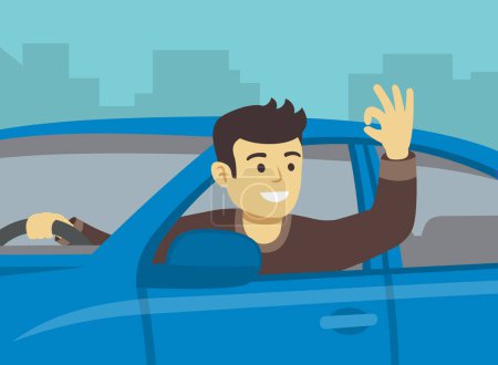 Téléchargez les illustrations : Jeune conducteur penché par la fenêtre de la voiture. Homme heureux assis dans une voiture sur la place du conducteur et montrant geste "OK". Modèle d'illustration vectorielle plate. - en licence libre de droit