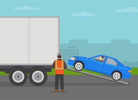 Illustration for Automobile shipping service. Blue sedan car entering semi-trailer. Shipping truck being loaded by cars. Flat vector illustration template. - Royalty Free Image