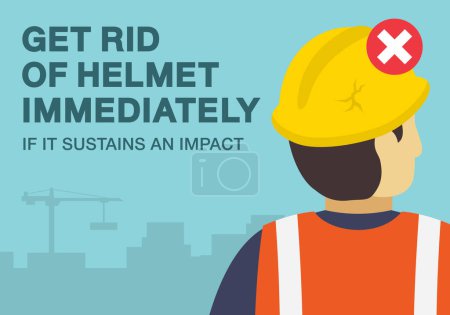 Illustration for Workplace golden safety rule. Get rid of helmet immediately if it sustains an impact. Use personal protective equipment. Close-up view of a damaged helmet. Flat vector illustration template. - Royalty Free Image