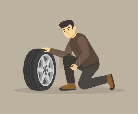 Un jeune homme isolé s'assoit et vérifie la pression d'air dans son pneu. Modèle d'illustration vectorielle plate.