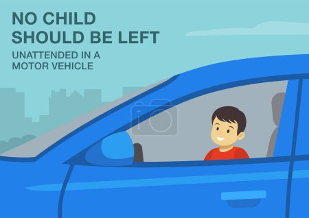 Illustration for Safe driving tips and rules. No child should be left unattended in a motor vehicle. Close-up of male kid sitting in front seat. Flat vector illustration template. - Royalty Free Image