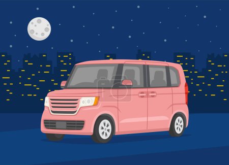 Téléchargez les illustrations : Isolé moderne nouvelle voiture kei sur le fond de la ville de la nuit. Une voiture rose. Ville nocturne avec lumières. Modèle d'illustration vectorielle plate. - en licence libre de droit