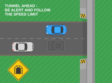 Illustration for Safe driving tips and traffic regulation rules. Tunnel ahead, be alert and follow the speed limit. Road sign meaning. Top view. Flat vector illustration template. - Royalty Free Image