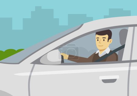 Illustration for Young male driver is looking through an open window. Close-up of male driver wearing a seatbelt. Flat vector illustration template. - Royalty Free Image