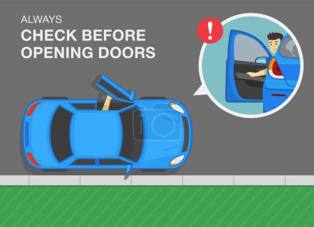 Safe driving tips and rules. Always check before opening doors. Close-up of male driver looking back while opening the front door. Top view. Flat vector illustration template.